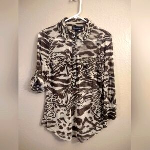 INC Black Gray Animal Print Sheer Blouse. Rhinestone Button Pockets